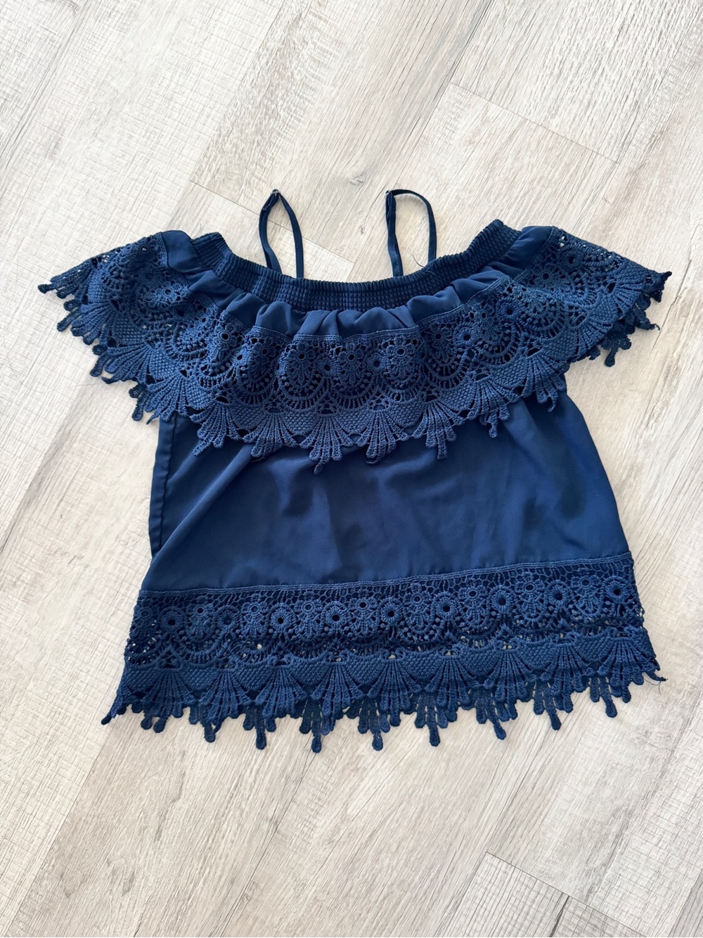 No Boundaries Navy Blue Crochet Off-Shoulder Camisole. 0020